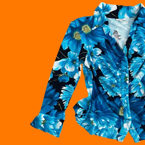 90's 00's vintage daisy floral collared bodycon blouse y2k LARGE caché - Picture 2 of 7